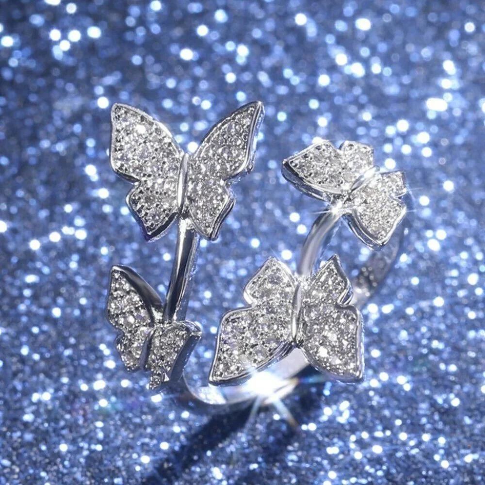 New Beautiful 925 Silver Diamond Butterfly Ring